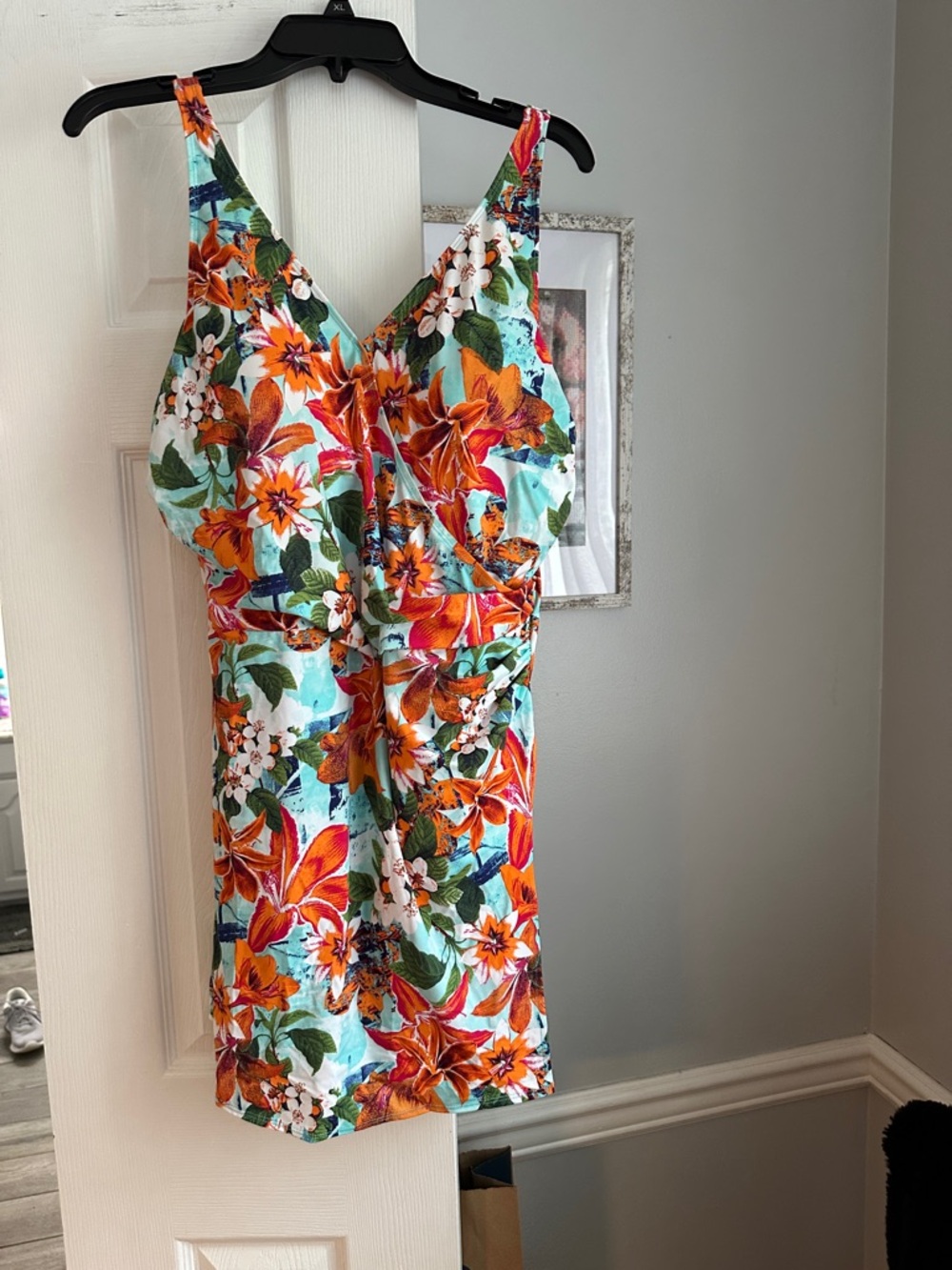 Tropical Floral V-Neck One Piece Swim Dress in Turquoise and Orange Sz 16 NWOT